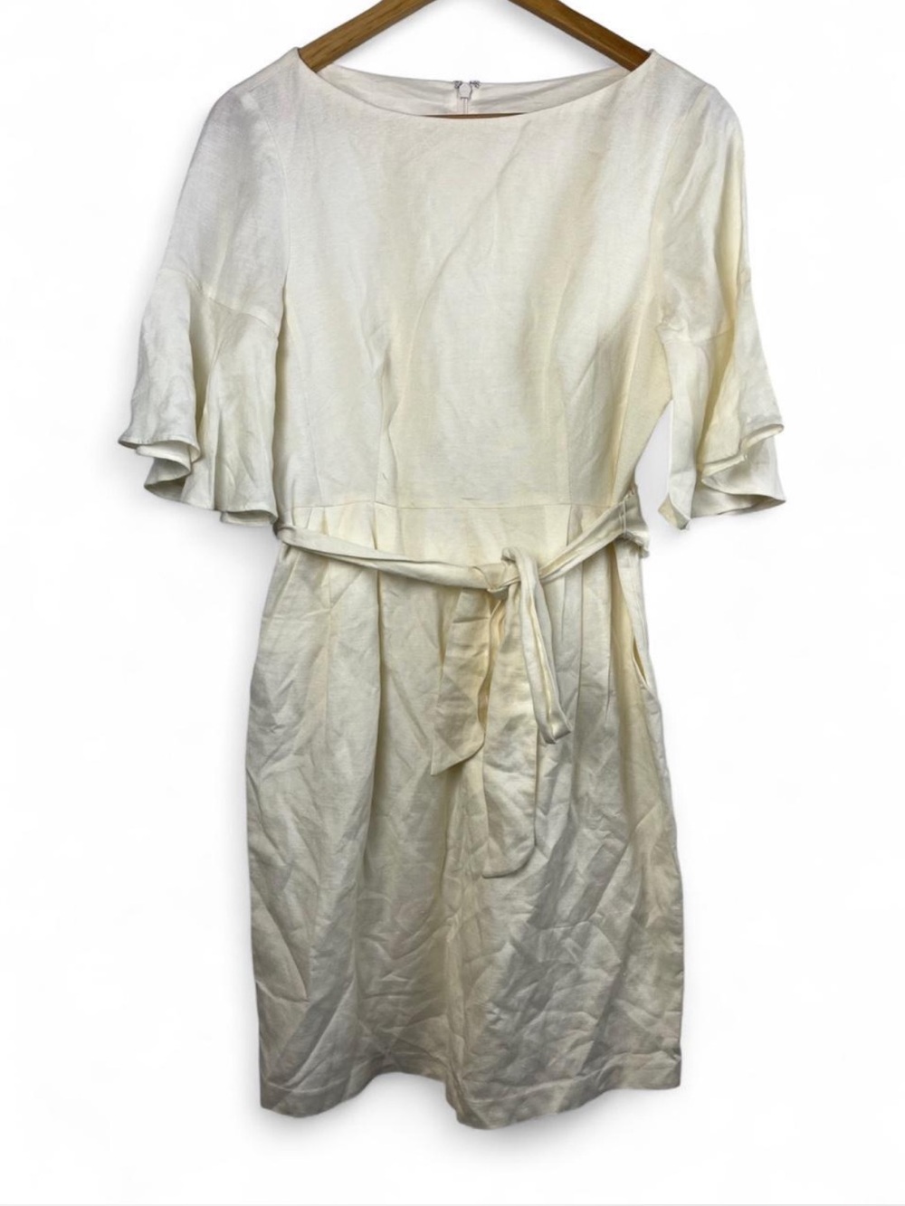 Eliza J Ivory Linen Bateau Neck Flutter Sleeve Belted Sheath Dress Size 4